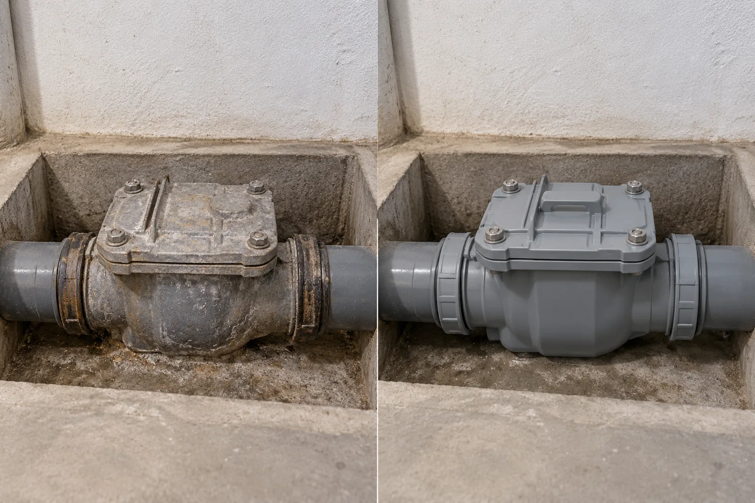 KI-Beispiel: Gealtertes Bauteil in einer zugänglichen Abwasserleitung